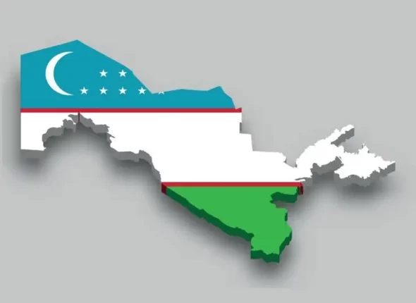 3d isometric Map of Uzbekistan with national flag_